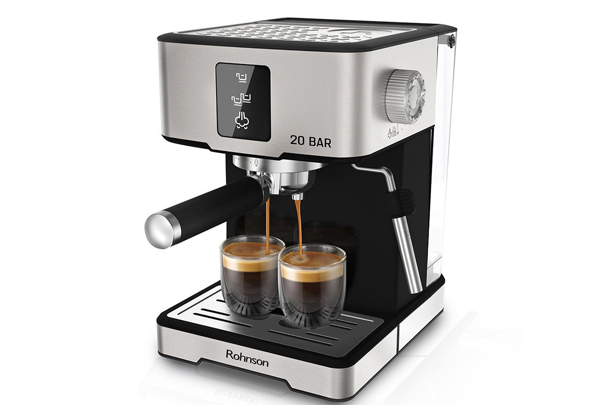 Απεικονίζεται η μηχανή να γεμίζει 2 κούπες καφέ.